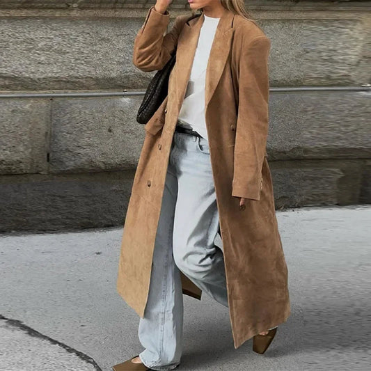 Long Long Sleeve Turn-down Collar Double Breasted Female Coat Autumn Lady Jacket New