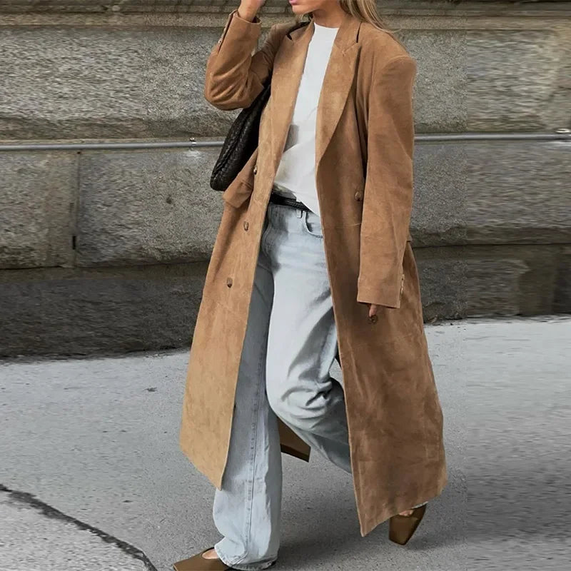 Long Long Sleeve Turn-down Collar Double Breasted Female Coat Autumn Lady Jacket New