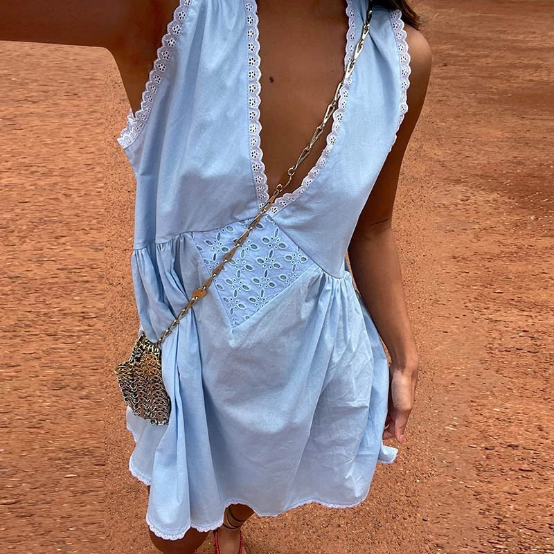 Lace Trim V Neck Flowy A-line Mini Dress