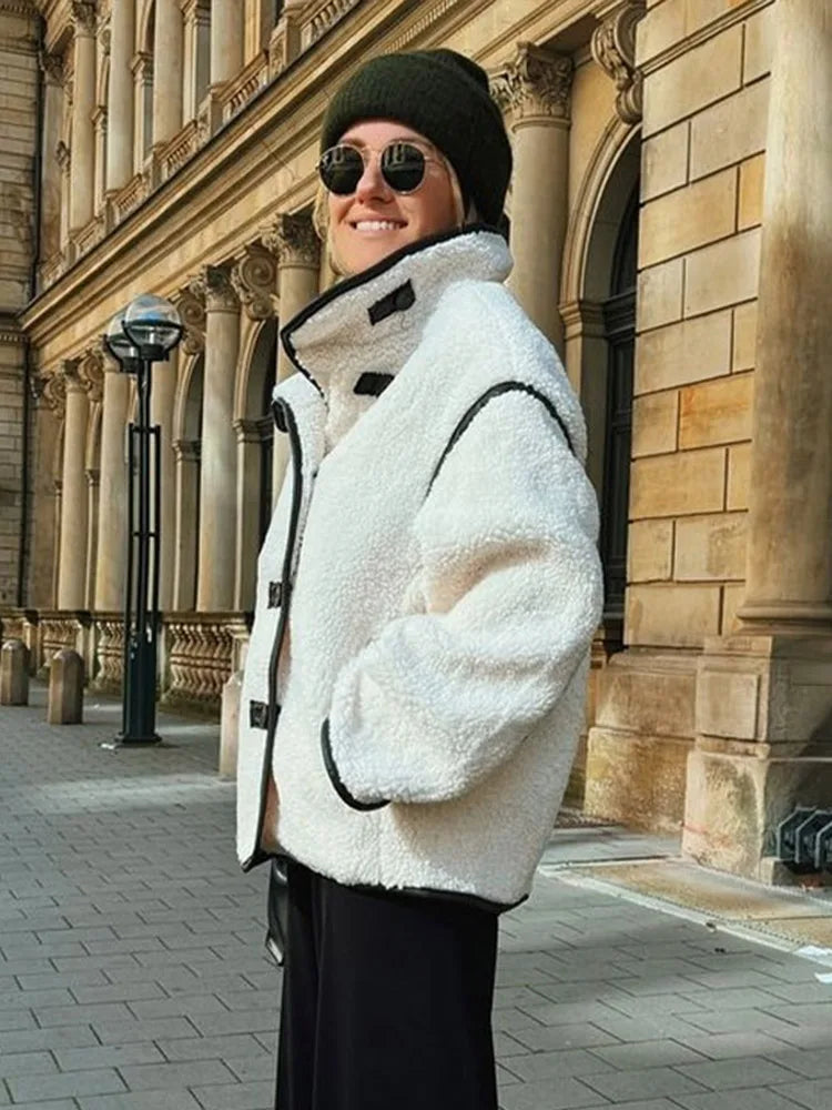 Plush Stand Collar Jackets Coat Lambwool White Single-breasted Pockets Jacket Female Autumn High Street Outwear
