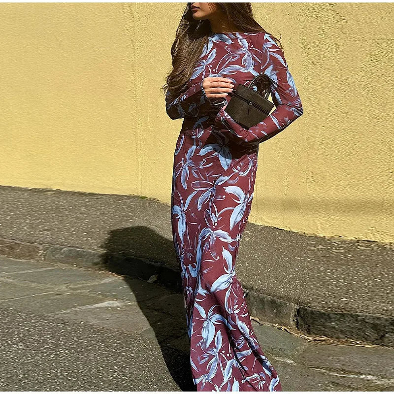 Retro Printed O-neck Holiday Dress Full Sleeve Waist-cinching Long Dresses Female Summer Street Vestidos