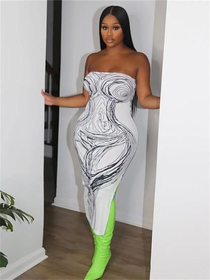 Strapless Panel Print Midi Dress