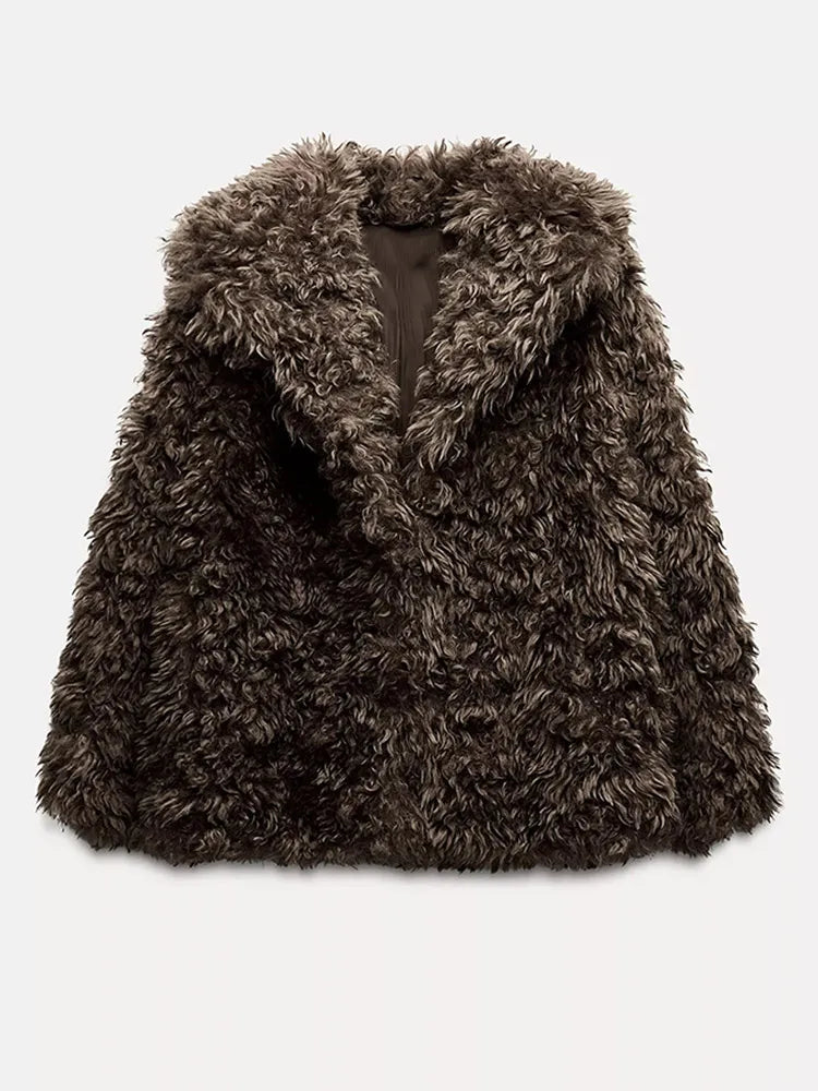 Winter Warm Fluffy Faux Fur Coat New Lapel Long Sleeve Thick Furry Jacket Lady Thermal Outerwear