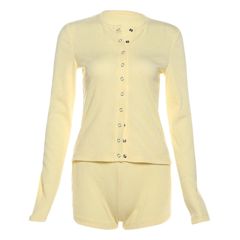 Leisure Stretch 2-piece Set Single-breasted Long Sleeves O-neck Blouse+basis Shorts Simple Classic Street Suits