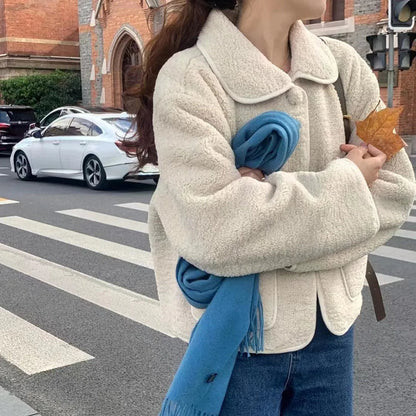Winter Sweet Plush Coat Lamb Fur Jacket Peter Pan Collar Single Breasted Short Outerwears