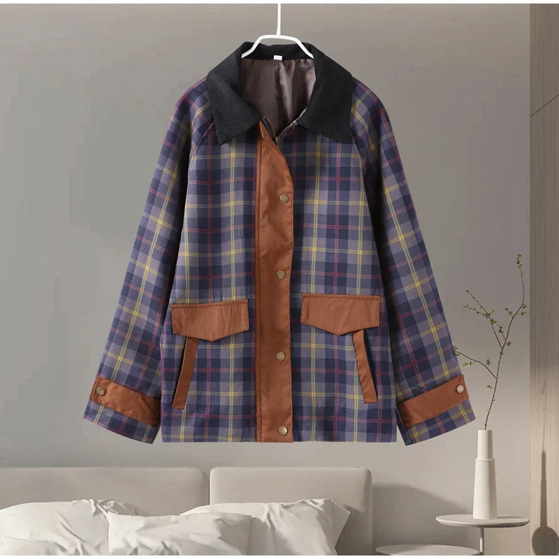 Plaid Printed Jacket Patchwork Turn Down Collar Single Breasted Female Coat Autumn Long Sleeve Zipper Outwear