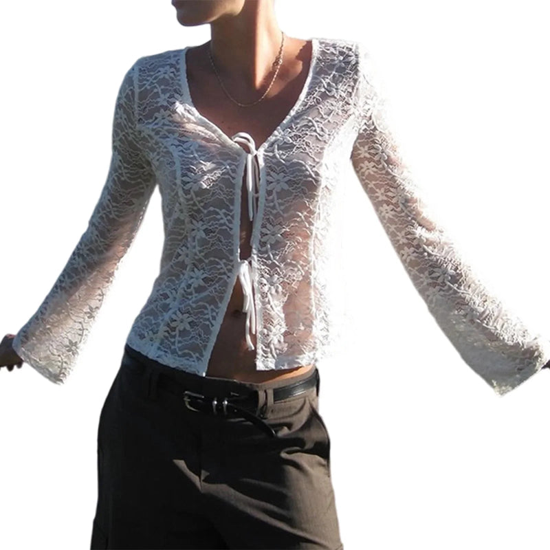 Lace Trimmed V-neck Blouse With Tie Front Detail and Long Sleeves - Stylish S Shirt for Street Style