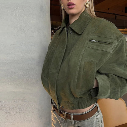 Camel Cropped Suede Jacket Lapel Full Sleeve Pocket Zipper Short Coat New Causal Autumn Lady Daily