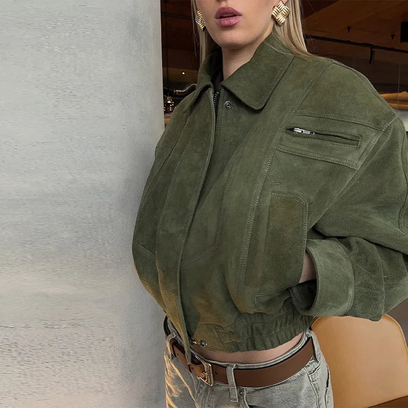 Camel Cropped Suede Jacket Lapel Full Sleeve Pocket Zipper Short Coat New Causal Autumn Lady Daily