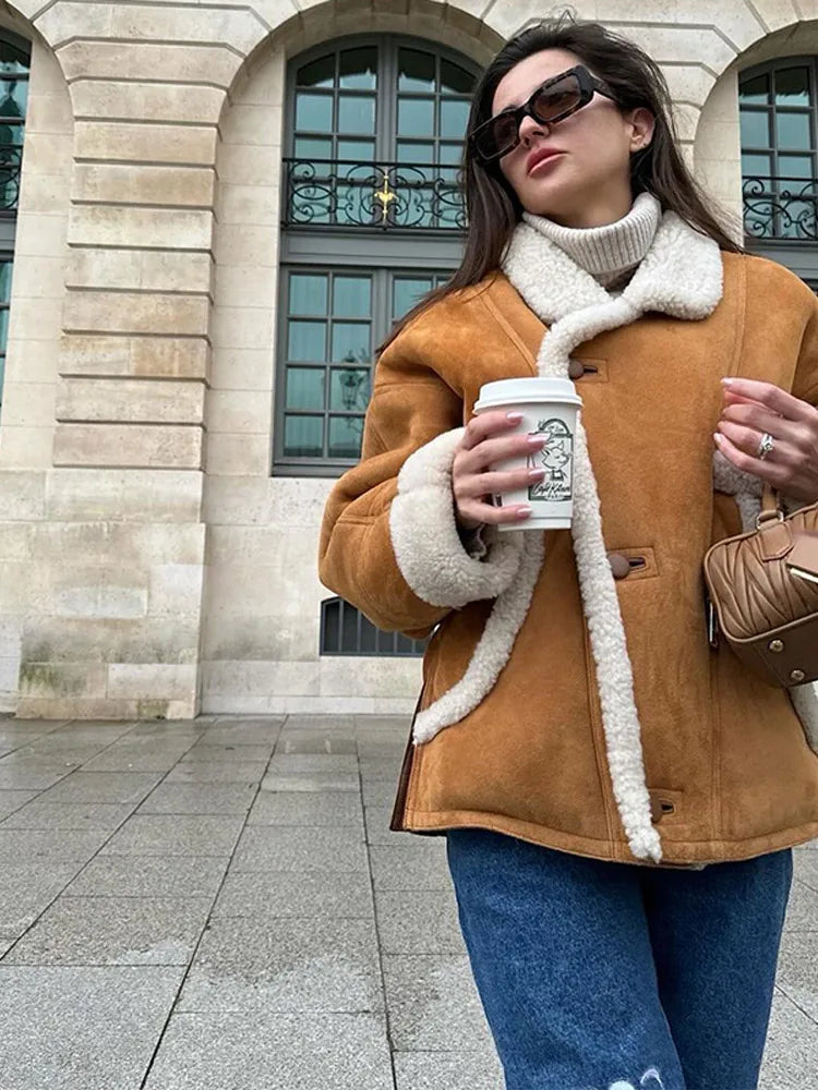 Lamb Woolen Spliced Warm Coat for Side Buttons Lapel Full Sleeve Jackets Lady Autumn Winter Thick Outwear