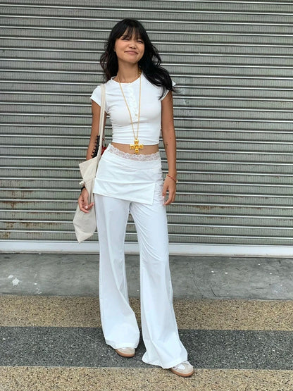Lace Patch Strap Bootcut Pants White