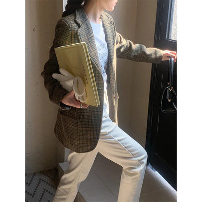 Wool Blends Coats Plaid Woolen Jacket Commute Blazer Korean Long Sleeve Outerwears Winter Overcoat