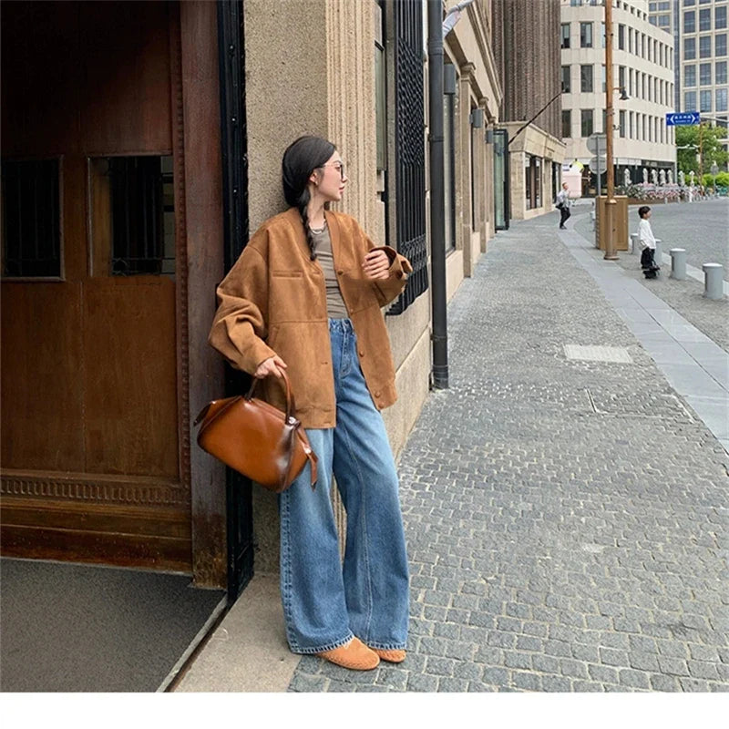 Washing Blue Street Wide-leg Jeans Cool Girl Baggy Pants Bottoms Female High Waist Straight Trousers