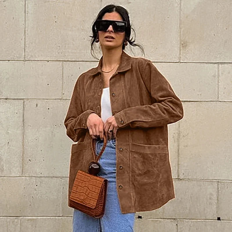 Suede Jackets Turn-down Collar Female Coat Autumn Single Breasted Lady Jacket Outwear