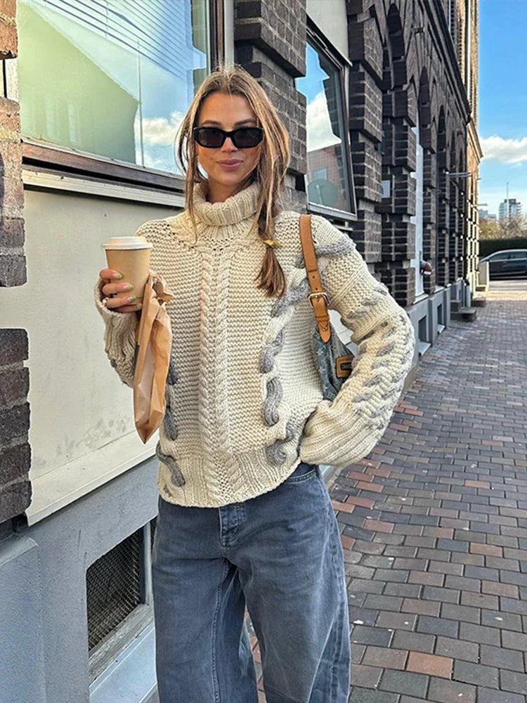 Turtleneck Sweater Contrast Twist Knitted Pullovers Crocheted Knitwear Long Sleeved Top Autumn Loose Jumper