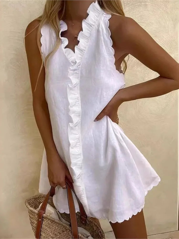 Cotton Linen Ruffle Sleeveless Mini Dress