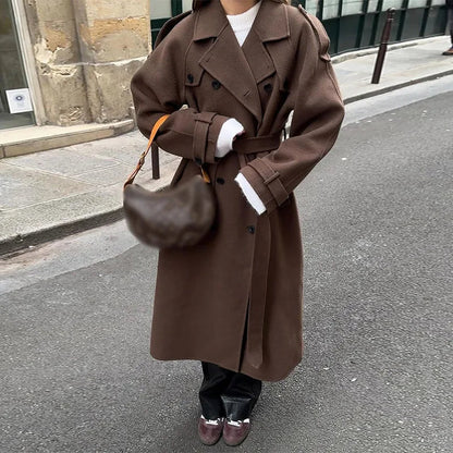 Lapel Long Coats With Belt Lace Up Double Breasted Full Sleeve Overcoat Autumn Winter New Lady