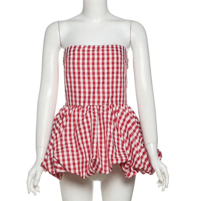 Spring Summer Plaid Tops for Strapless Off Shoulder Backless Ruched Red T-shirt Sleeveless Tees Top