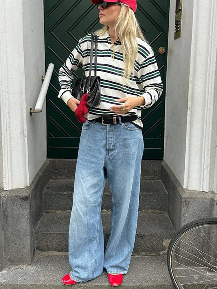 Stripe Basic T-shirt Long Sleeve Female All Match Polo Shirt Spring New Loose Tops High Street