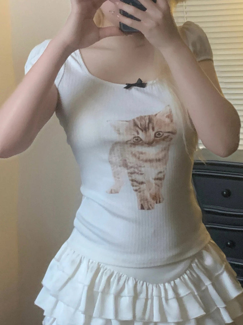 Cat Print Square Neck Slim Fit T-shirt Crop Top