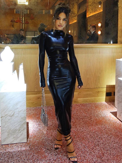 Autumn Pu Faux Leather Long Sleeve Midi Dress