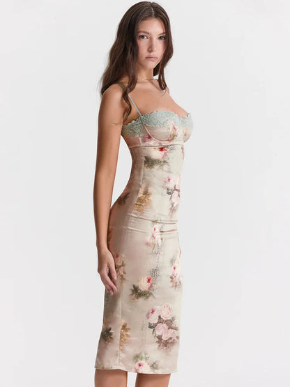 Lace Print Spaghetti Strap Midi Dress