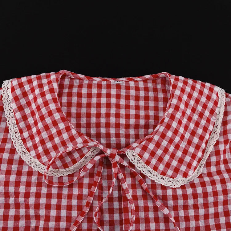 Red Plaid Wide Leg Pants Sets Long Sleeve Lace-up Blouse+elastic Waist Trouser Lace Trim 2 Piece Set New