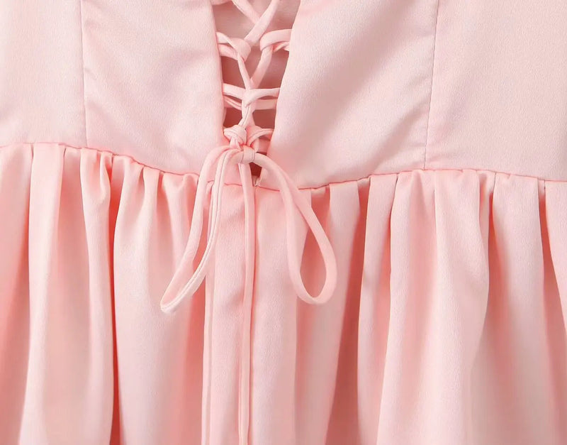Pleated Design Tie-up Sleeveless Summer Dresses Color Slim Fit Mini Dress Simple Party Dress