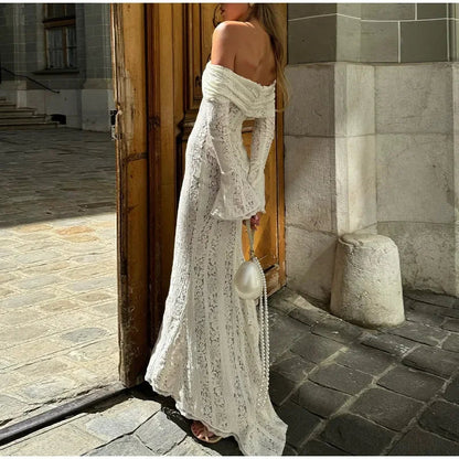 Hollow Out Lace Maxi Dress Female Backless See-through Slim Lace-up Bandeau Dress White Long Dress New