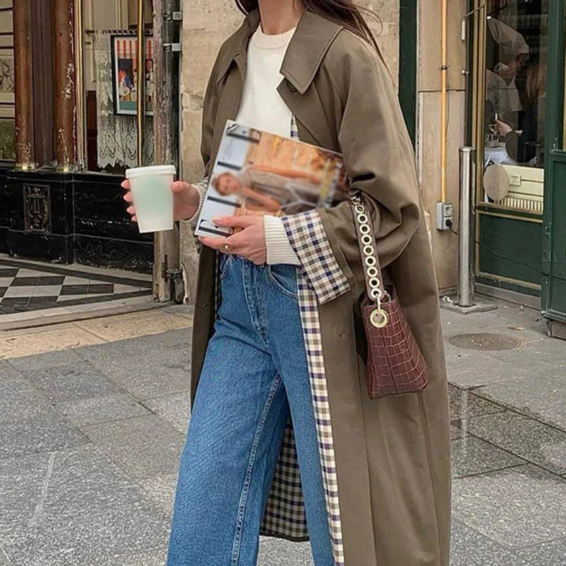 Woman Long Trench Coats Khaki Plaid Lined Lapel Single Breasted Jacket With Pocket Autumn Lady Commute Outwear
