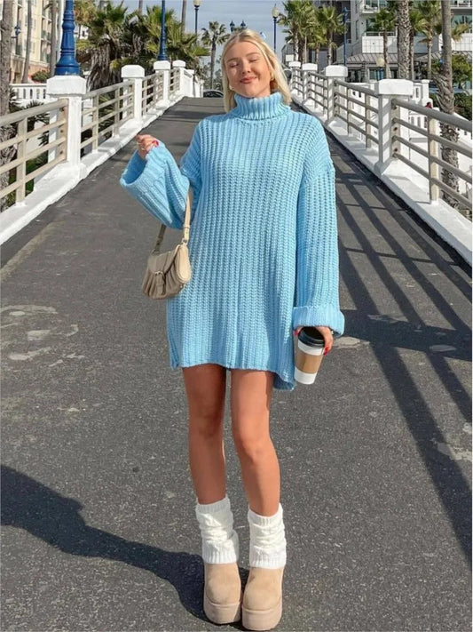 Autumn Winter Blue Sweater Dress High Collar Knit Short Dress Loose Straight Flare Sleeve Dress