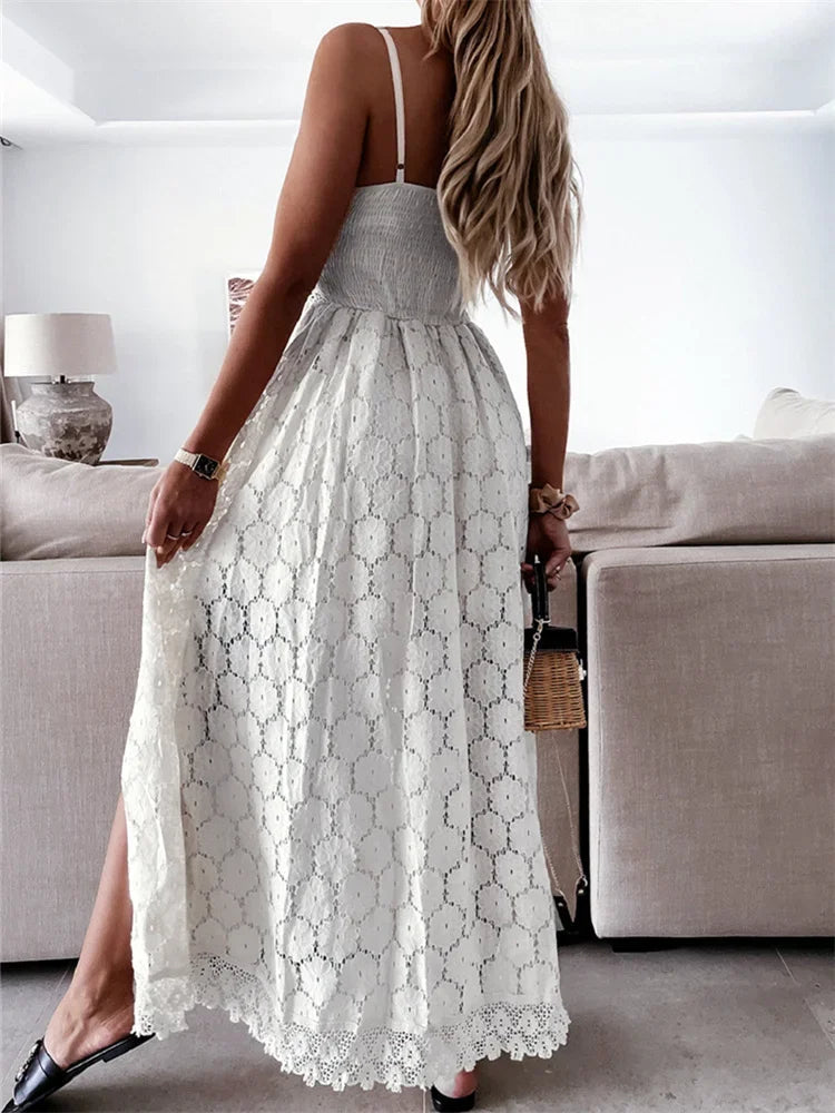 Summer Lace Playsuit V Neck Hollow Out Midi Dress