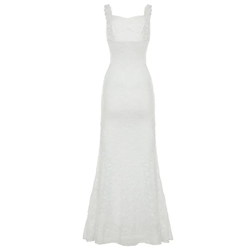 Floor-length Fishtail Dress White Lace Sleeveless Bodycon Maxi Dress Summer Clubwear