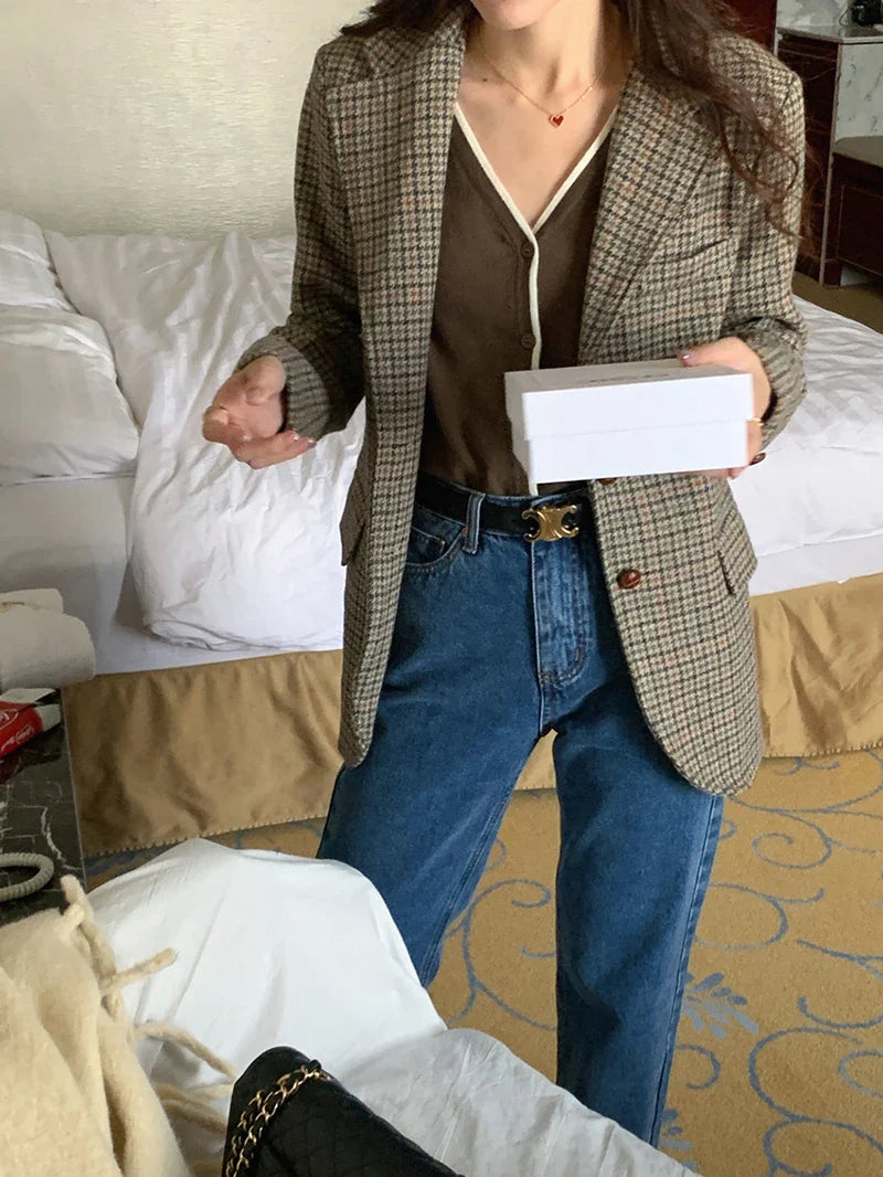 Wool Blends Coats Plaid Woolen Jacket Commute Blazer Korean Long Sleeve Outerwears Winter Overcoat