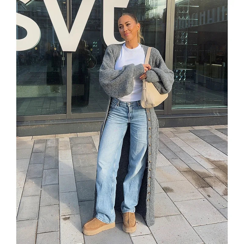 Modest Knitted Long Dress Loose Buttons Sweater Cardigans Fall Commuter Lady Fashionable Woman Wear