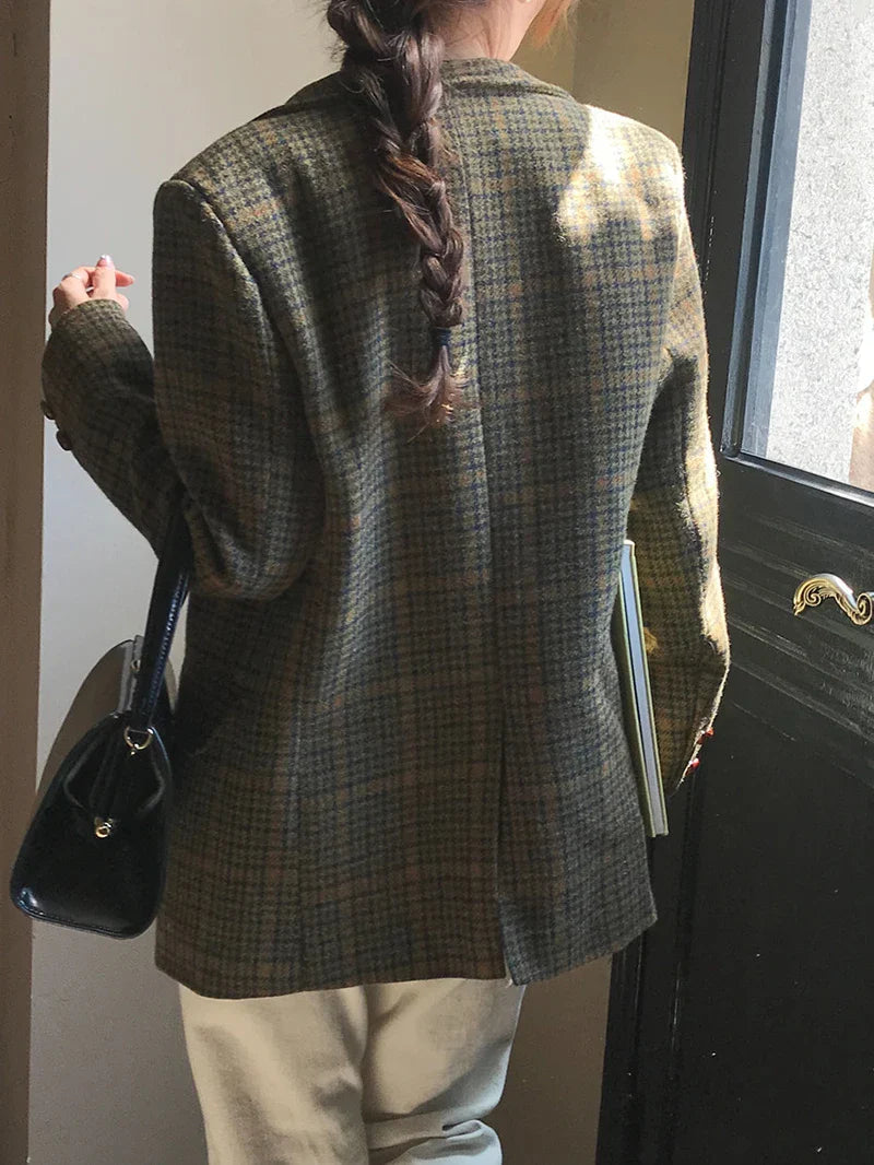 Wool Blends Coats Plaid Woolen Jacket Commute Blazer Korean Long Sleeve Outerwears Winter Overcoat