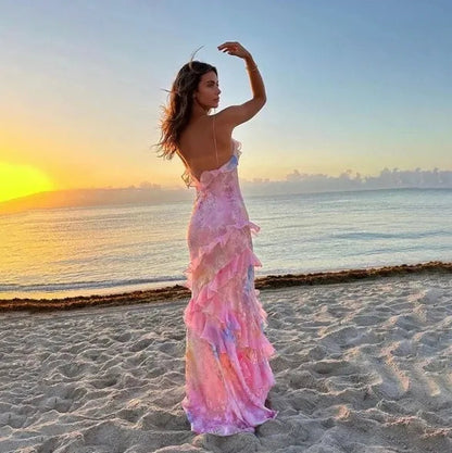 Colorful Spaghetti Strap Printed Midi Dress