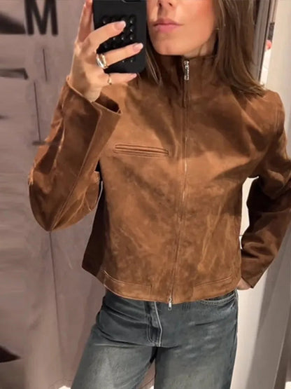 Stand Collar Suede Leather Jacket Coat Zipper Retro Long Sleeved Biker Jackets Loose Front Shoulder Short Outwear