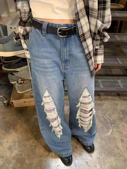 Jeans With Contrasting Plaid Holes and Splicing High-waisted Summer American High Street Loose Slimming Wide-leg Pants
