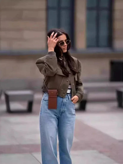 Basic Stand Collar Jacket Long Sleeve Cardigan Button Up Cropped Coat Baseball Outerwear Autumn Winter Clothes