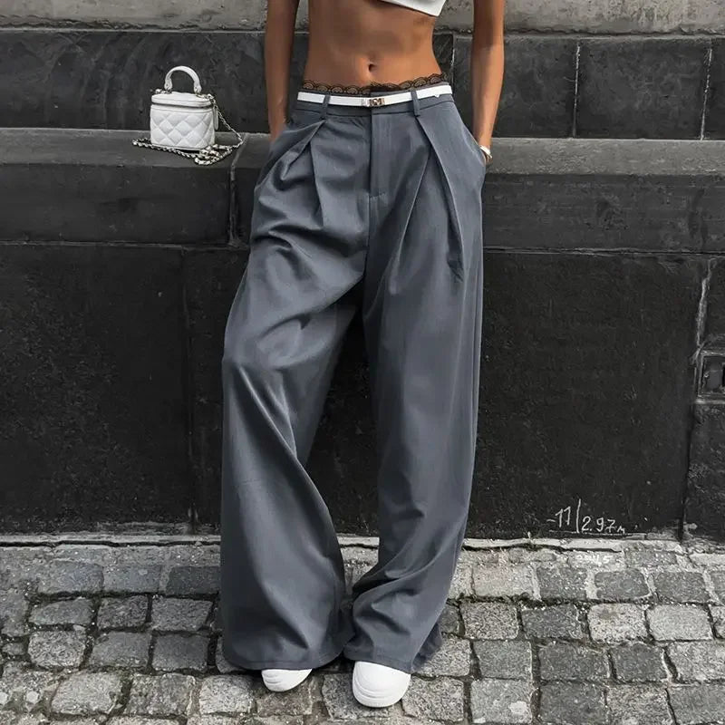 Y2k Lace Patchwork Waist Pants Baggy Korean Office Oversize Trousers Basic Old Money Pantalones