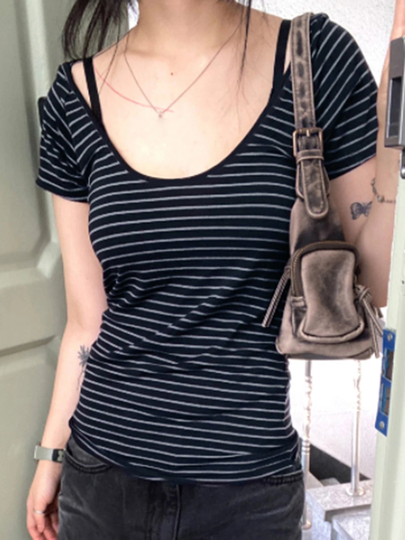 Striped Slim Fit Simple T-shirt Crop Top