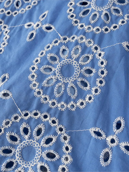 Blue Hollow Out Embroidered Midi Dress Summer New V Neck Sleeveless Ruffle Long Dresses Holiday Vestidos