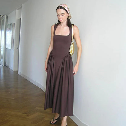Pleated Square Neck Midi Dress
