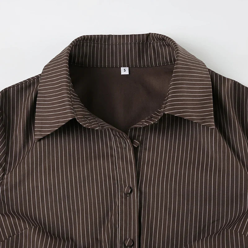 Brown Striped Blouse High Street Fitted Tee Shirt 2000s Button Top Fall Outfits