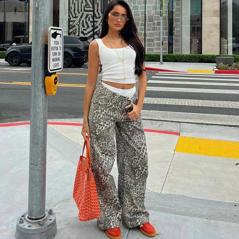 New Leopard Print Retro Straight Long Pants for Loose Slightly Flared Trousers Female Club Party Pants