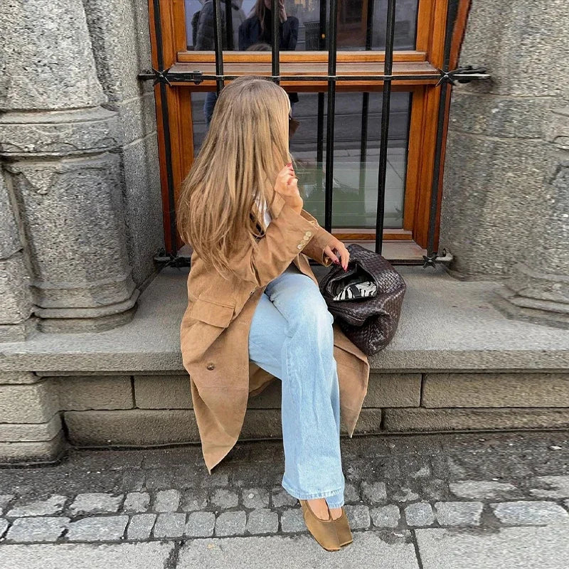 Long Long Sleeve Turn-down Collar Double Breasted Female Coat Autumn Lady Jacket New