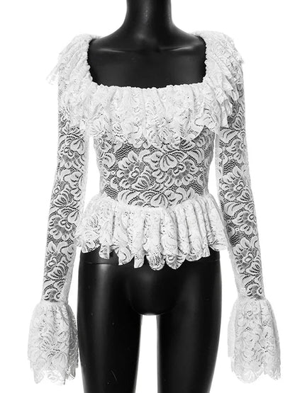 Splice Lace Square Collar See-through Top for Slim Flare Long Sleeve White T-shirt Female Pullover New
