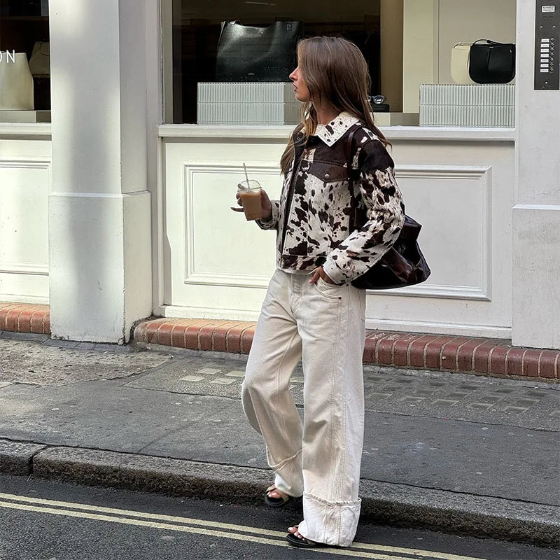 Contrast Color Printed Demi-season Jacket for Lapel Single Breasted Lapel Coat New Lady High