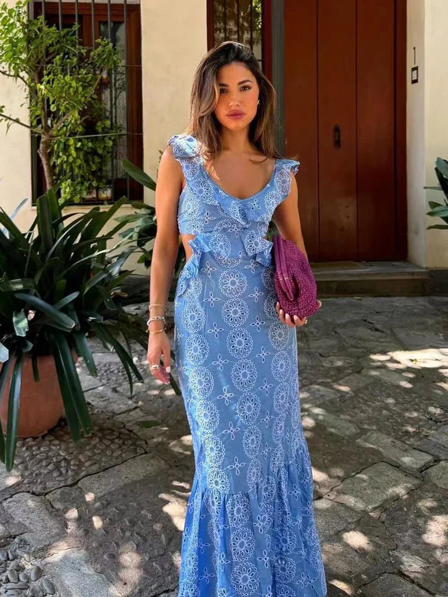 Blue Hollow Out Embroidered Midi Dress Summer New V Neck Sleeveless Ruffle Long Dresses Holiday Vestidos
